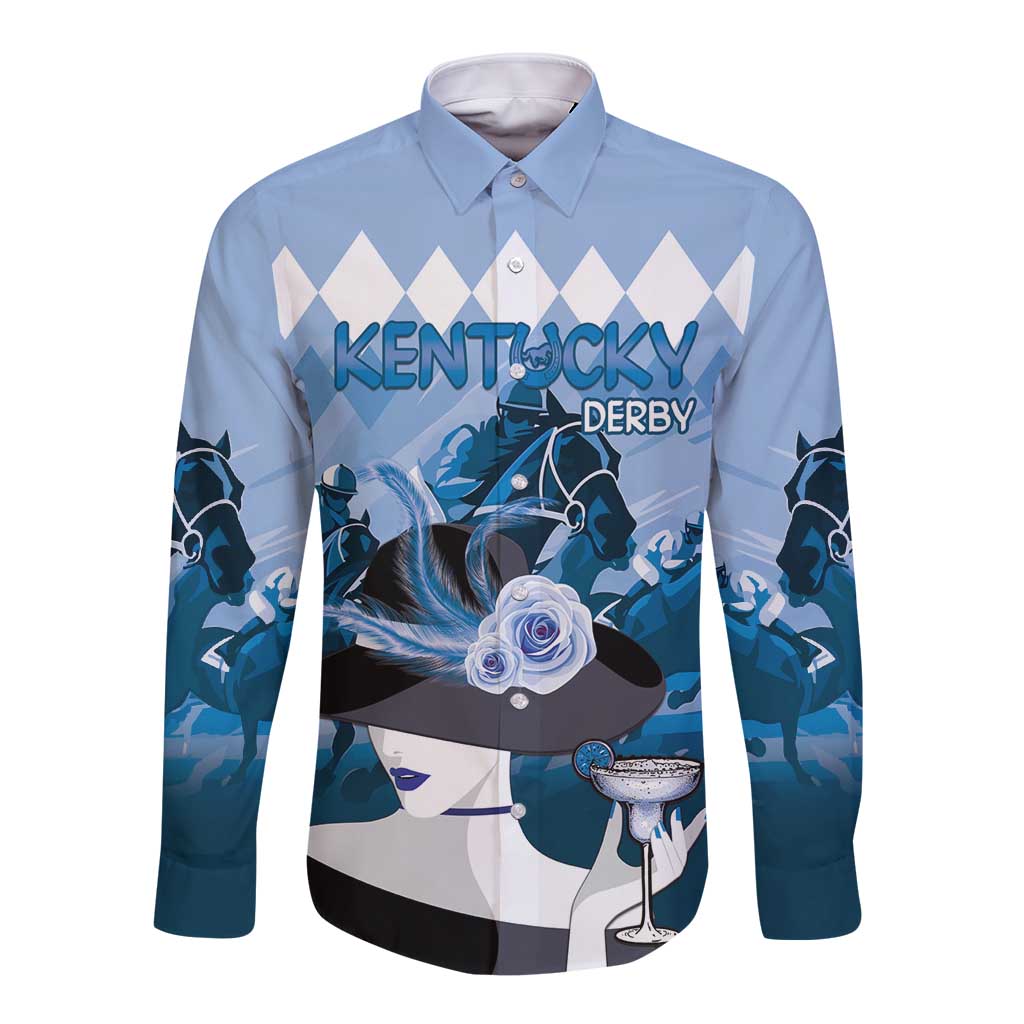 Blue pastel long-sleeve button shirt with front horse racing graphic