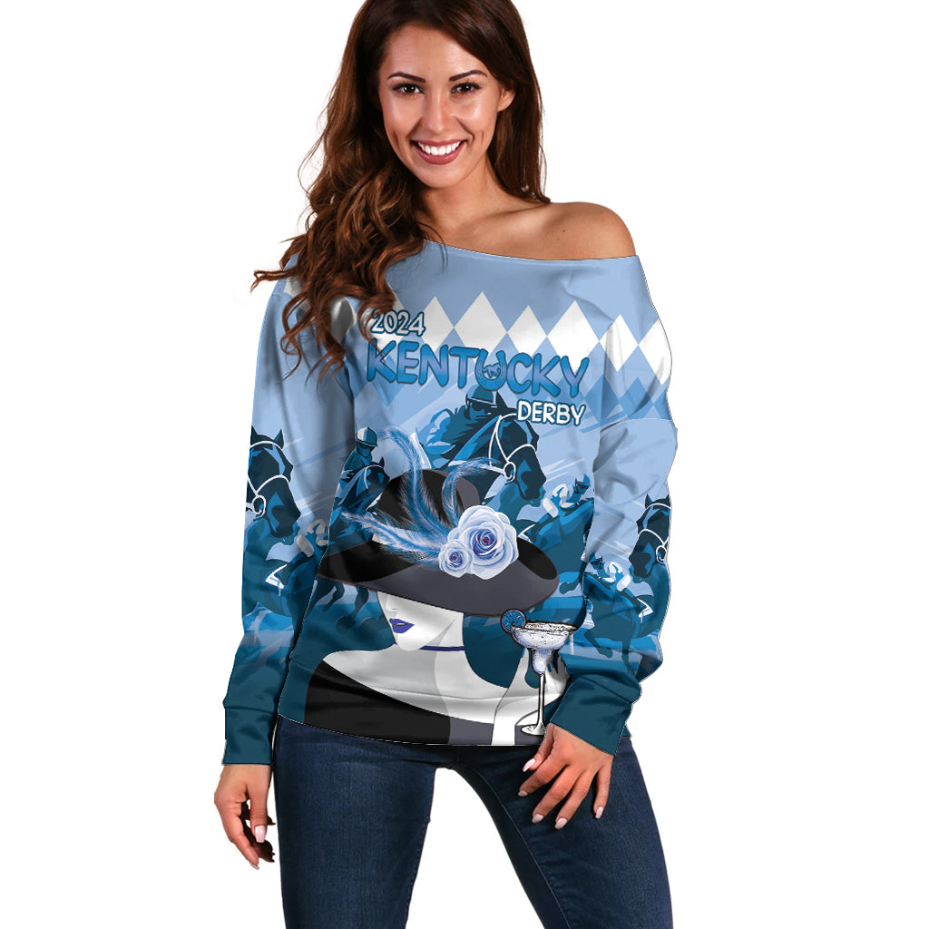 2024 Kentucky Horse Racing Off Shoulder Sweater Derby Mint Julep Girl - Blue Pastel - Wonder Print Shop