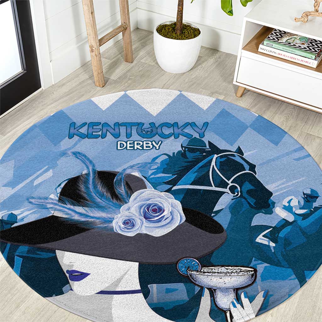 Blue round Kentucky Derby rug with horse, hat, and mint julep cocktail graphic