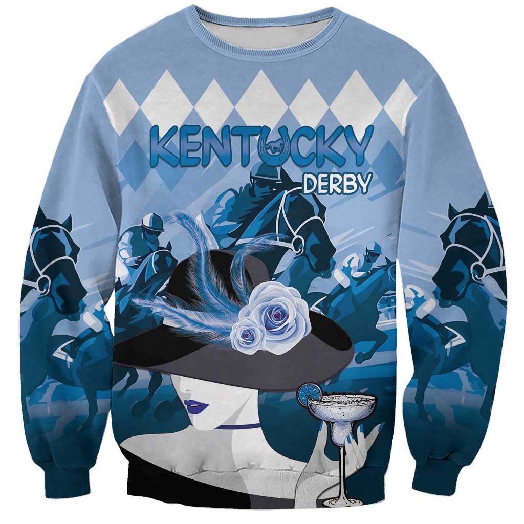 Light blue sweatshirt with horse graphic and 'KENTUCKY DERBY' text, long sleeves