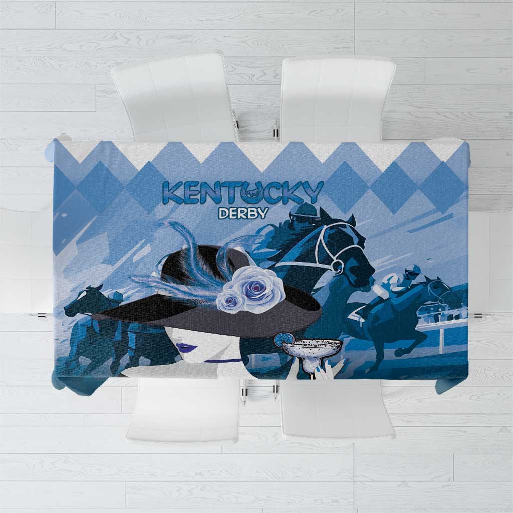 Blue Kentucky Derby tablecloth featuring a jockey and horse graphic with diamond pattern