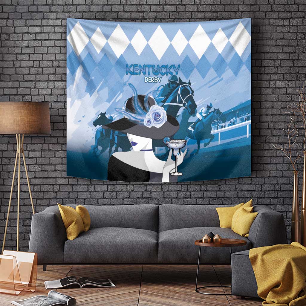 Blue Kentucky Derby wall tapestry with horse, rider, mint julep cup and rose emblem
