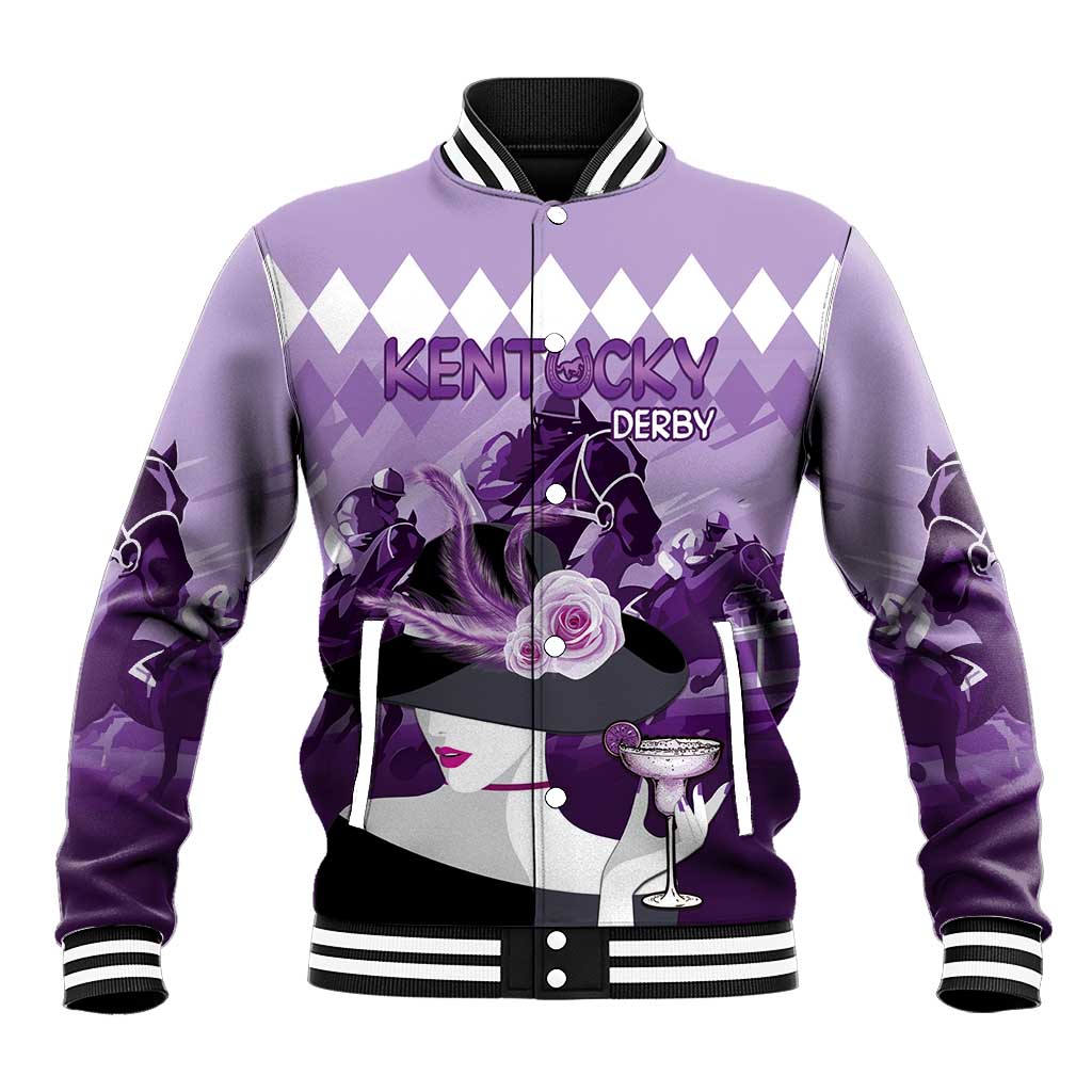 Purple baseball jacket with snap front, striped rib collar, and derby-themed horse graphic