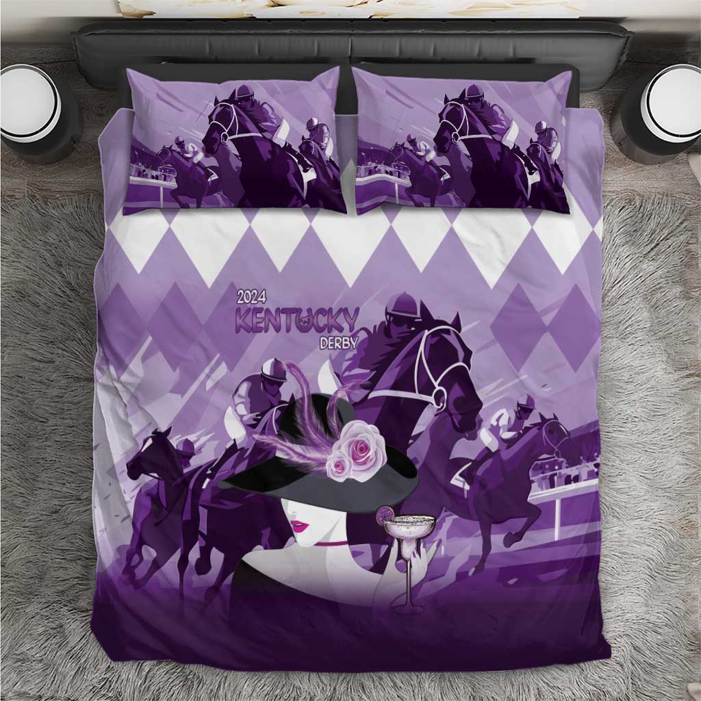 Kids’ horse racing bedding set with purple and white chevron diamond pattern, 2 pillows