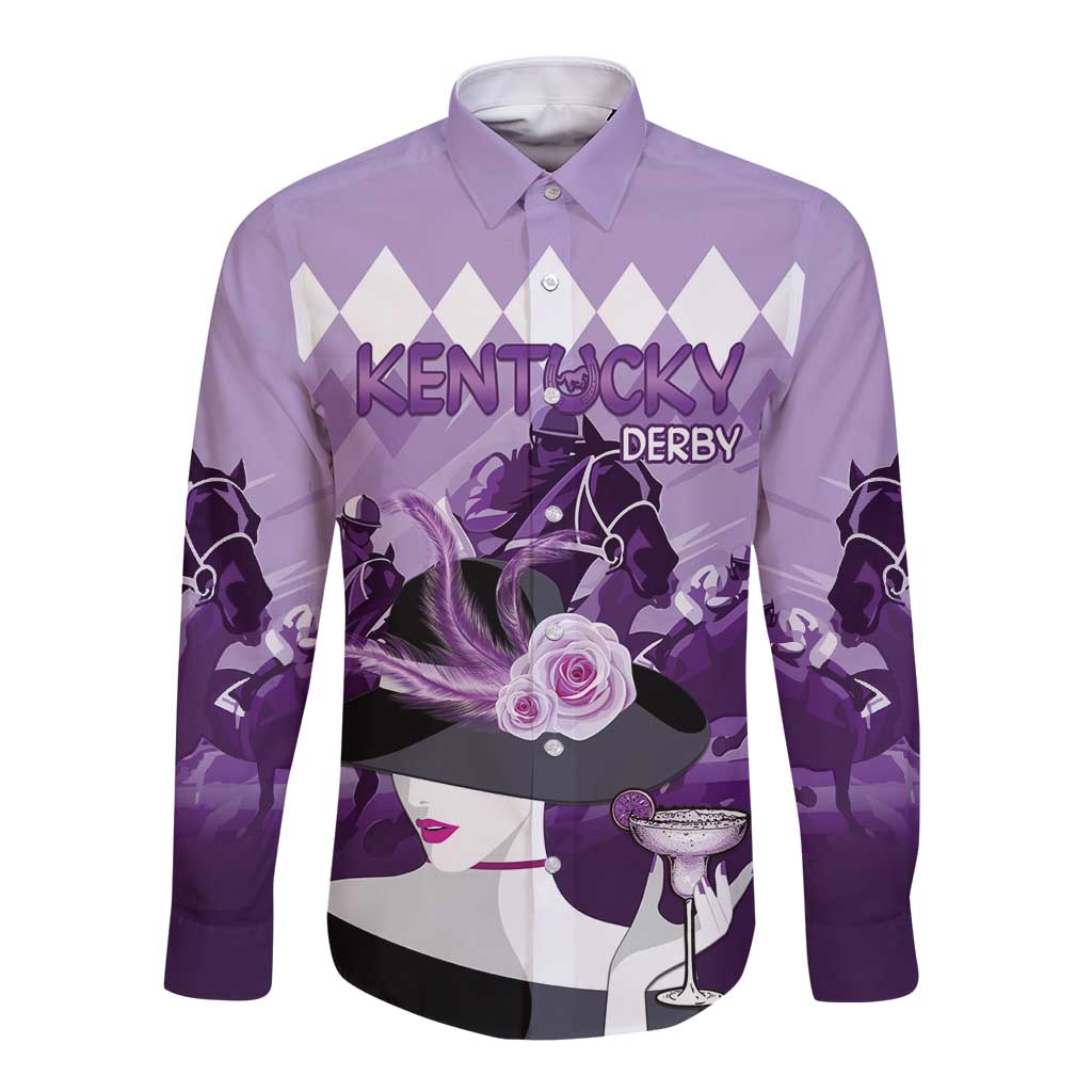 Purple long-sleeve button shirt with horse race graphic, collar and button placket