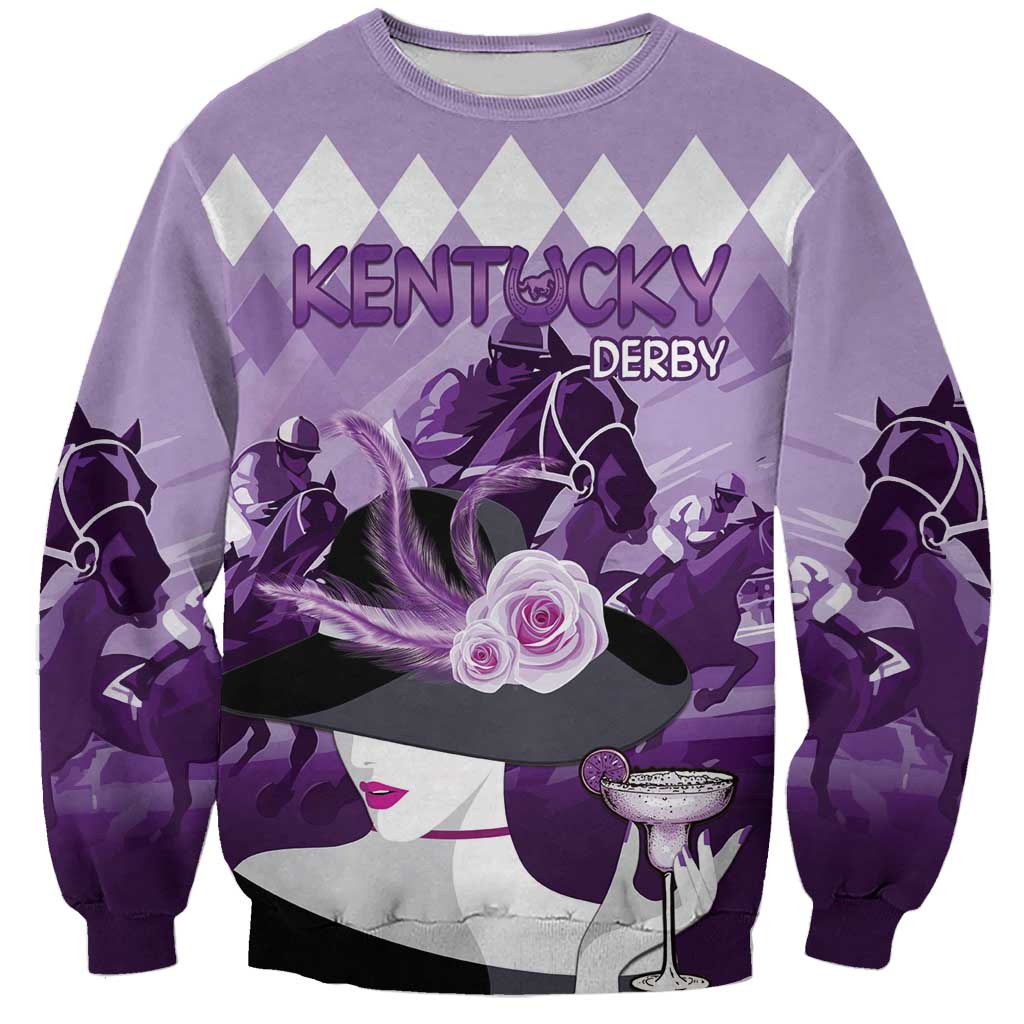 Purple sweatshirt with Kentucky Derby horse racing graphic and roses on front.