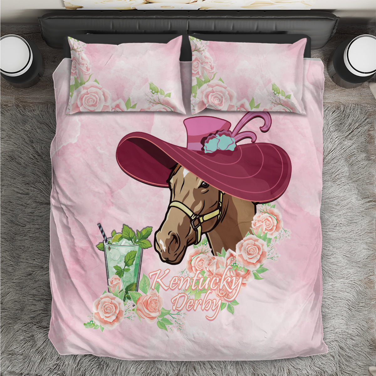 Pink duvet and two pillowcases with horse-in-derby-hat artwork and floral roses