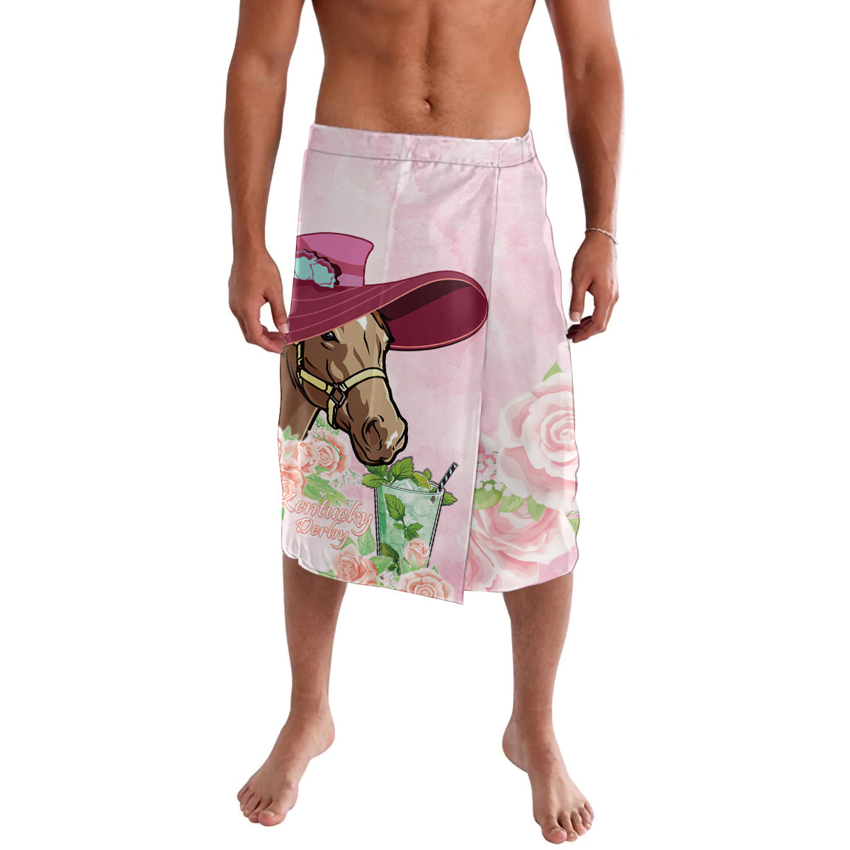 Pink printed elastic-waist shorts with horse and roses front graphic