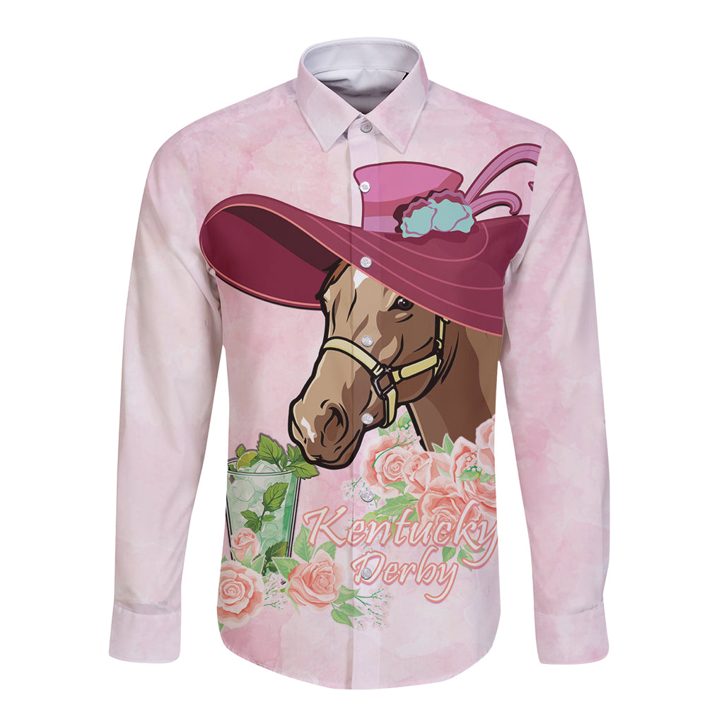 Pink long-sleeve button shirt, front graphic with horse, hat, and roses