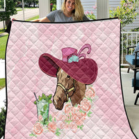 Pink quilt held up, horse head with large mint-julep hat and roses print