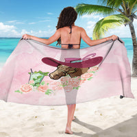 Pink sarong with Kentucky Derby horse hat and rose graphic, held open from back