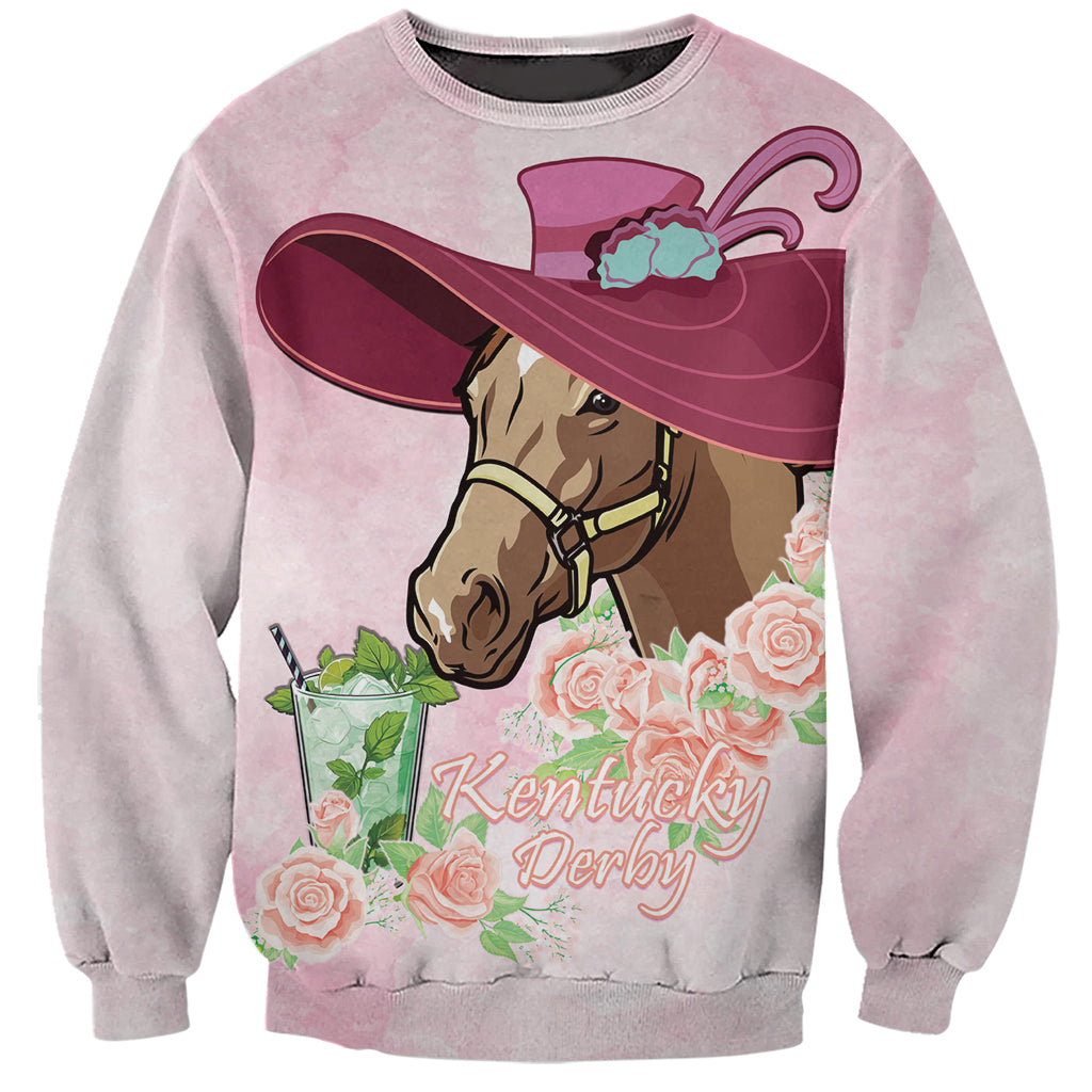 Pink unisex sweatshirt with horse graphic, roses, and Kentucky Derby text
