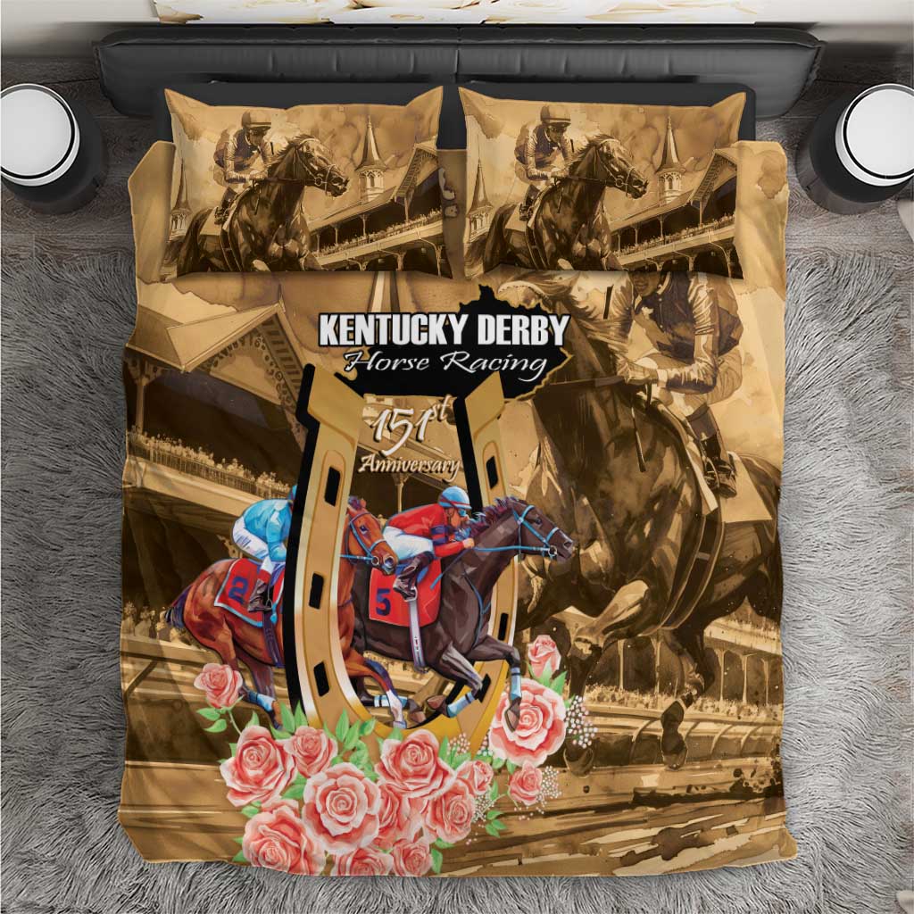 Brown horse racing bedding set with horse-and-roses design and two matching pillowcases