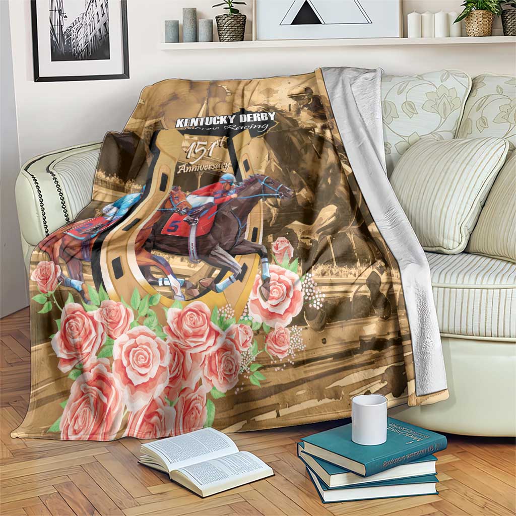 Brown Kentucky Derby horse racing blanket draped over couch with jockey scene and roses