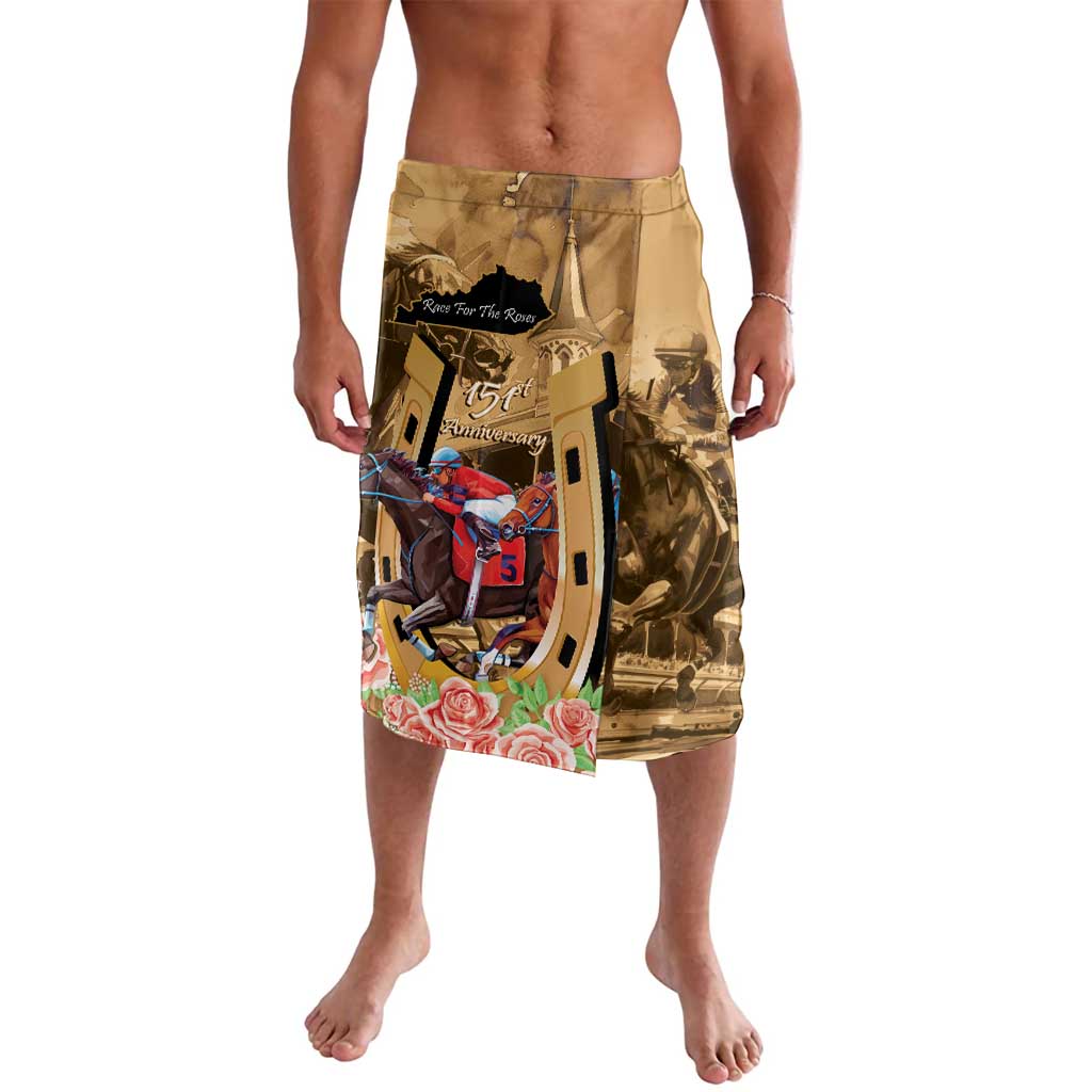 Brown printed swim shorts with horse racing graphic and floral hem