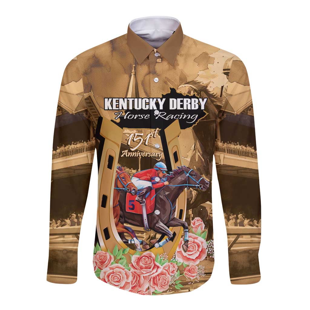 Unisex brown long-sleeve button shirt, front Kentucky Derby horse graphic with roses