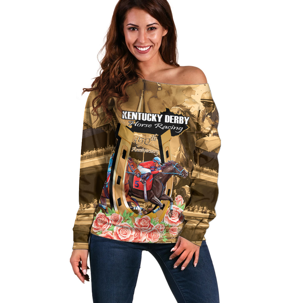 Kentucky Horse Racing Off Shoulder Sweater 150th Anniversary Race For The Roses - Wonder Print Shop