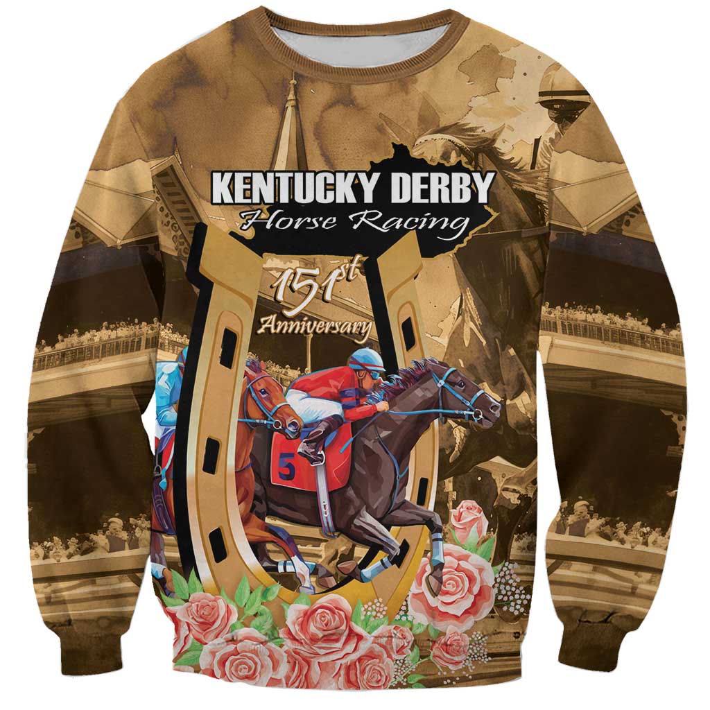 Brown crewneck sweatshirt with Kentucky Derby horse racing graphic and roses