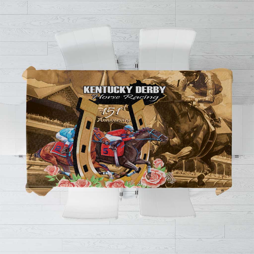 Brown horse racing tablecloth with jockey and rose graphics for 151st anniversary