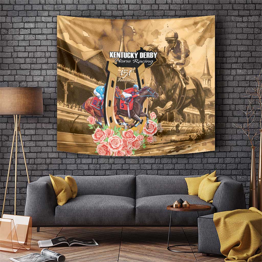Brown horse racing tapestry with rider and rose floral accents, wall-hanging.