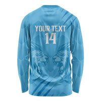 Blue unisex long sleeve cricket shirt with back YOUR TEXT 14 and lion graphic