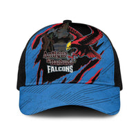 Blue baseball cap with red/black bird graphic, black mesh back, adjustable snapback