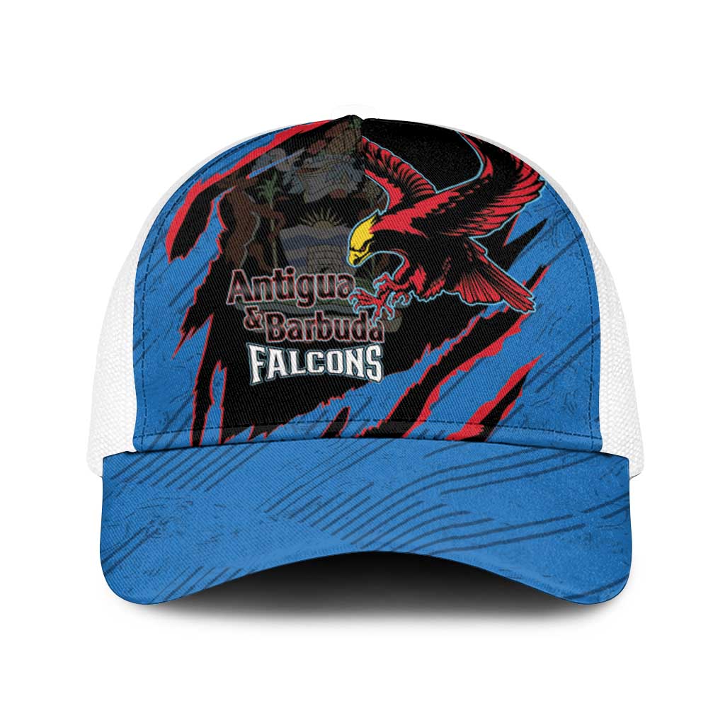 Blue baseball cap with red/black bird graphic, white mesh back, adjustable snapback