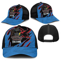 Assorted baseball caps with blue front panels, red/black bird graphics, mesh snapback
