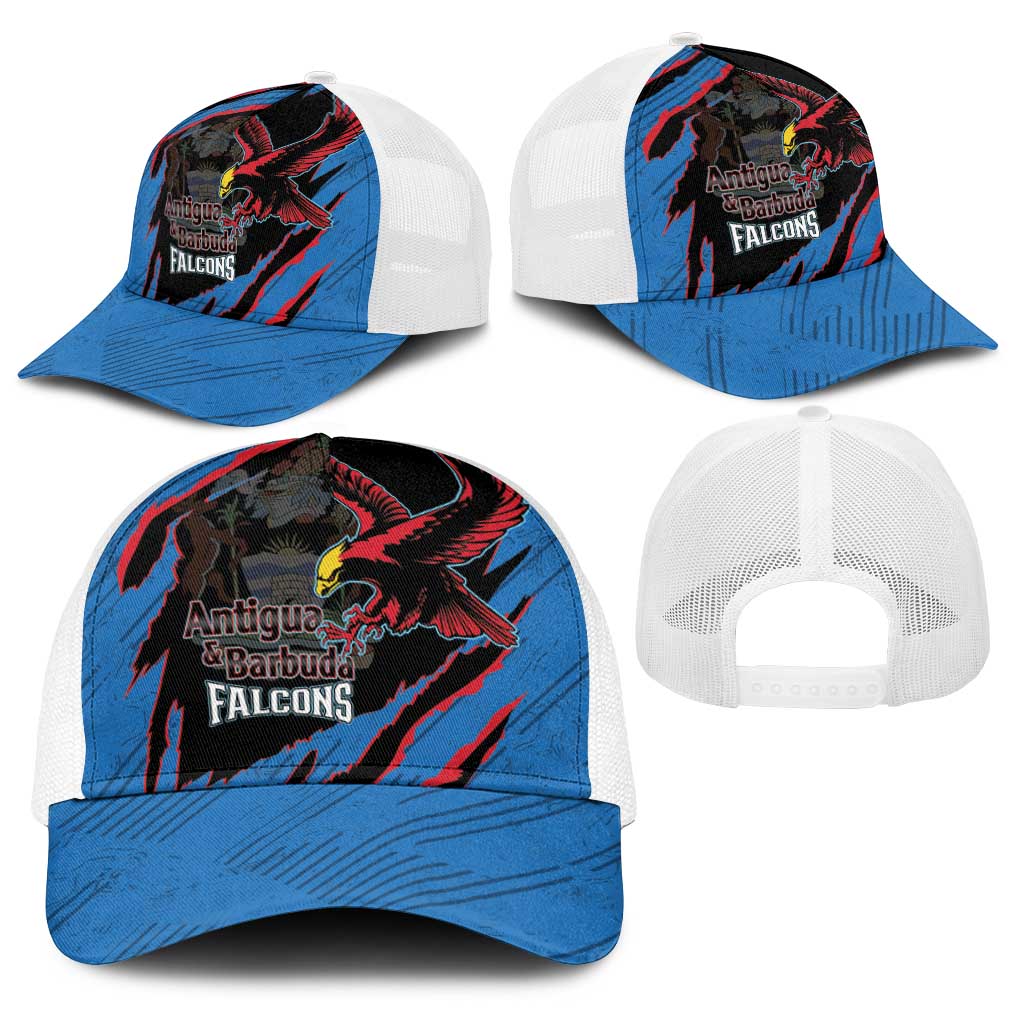 Assorted baseball caps with blue front panels, red/black bird graphics, white mesh snapback