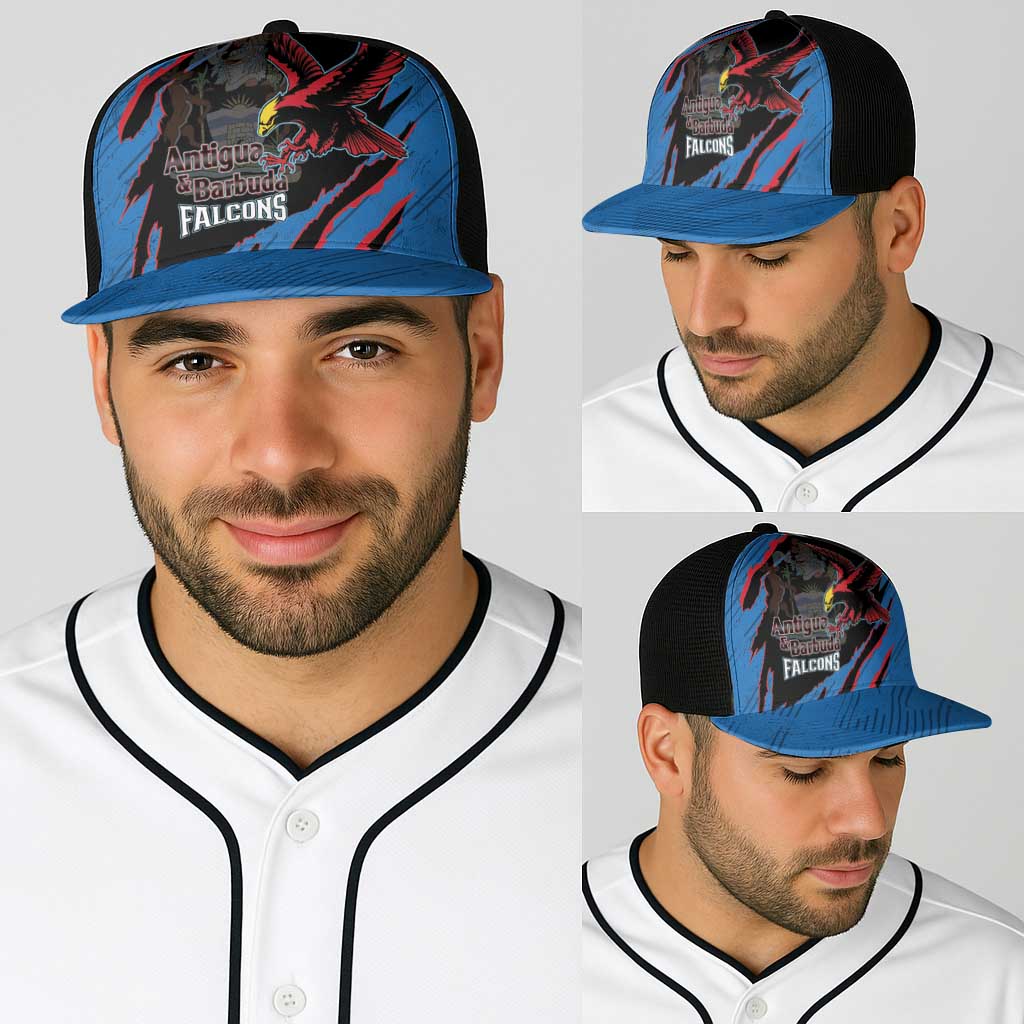 Blue baseball cap with red/black bird graphic, black mesh back, adjustable snapback