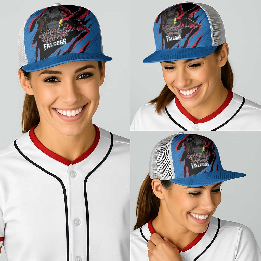 Blue baseball cap with red/black bird graphic, gray mesh back, adjustable snapback