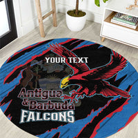 Blue round cricket rug with eagle and Antigua & Barbuda Falcons graphic