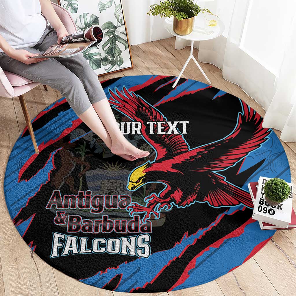 Blue round cricket rug with eagle and Antigua & Barbuda Falcons, custom text