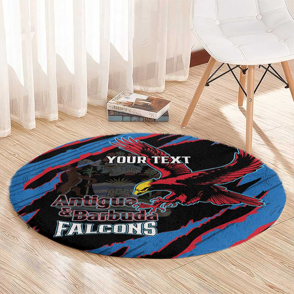 Blue round cricket rug with eagle and Antigua & Barbuda Falcons, YOUR TEXT