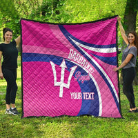 Pink cricket quilt with navy diagonal stripe, white trident, Barbados Royals emblem, YOUR TEXT