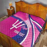 Pink bed quilt with navy stripe, white trident and Barbados Royals logo, YOUR TEXT