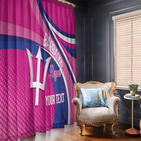 Pink and blue window curtain panels with Barbados Royals logo, stripes, and YOUR TEXT