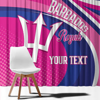 Close-up pink window curtain with Barbados Royals crest, blue stripes, and YOUR TEXT