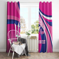 Pink window curtain panels with Barbados Royals crest, blue diagonal bands, and YOUR TEXT