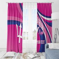 Pink window curtain set with Barbados Royals logo, striped accents, and YOUR TEXT