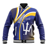 Blue and yellow baseball jacket with striped collar, button front, and front crest graphic