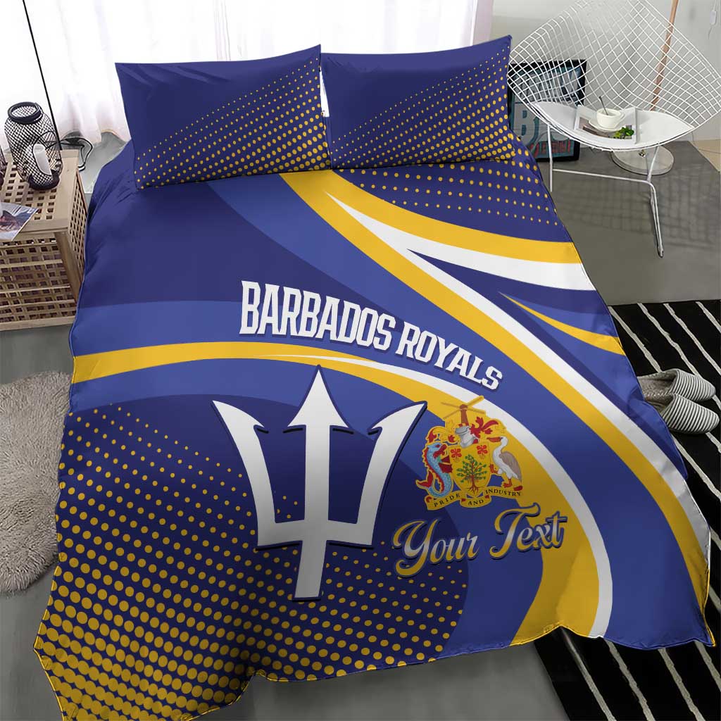 Blue and yellow cricket bedding set with two pillowcases, “Barbados Royals” crest and “Your Text”