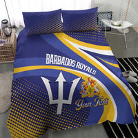 Blue and yellow cricket bedding set with two pillowcases, “Barbados Royals” crest and “Your Text”
