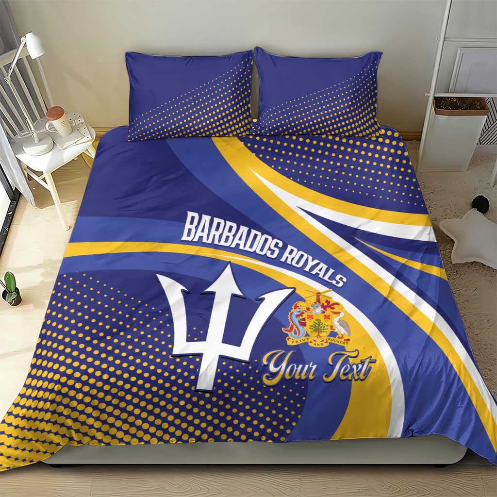 Blue and yellow cricket duvet set with two pillowcases, “Barbados Royals” print and “Your Text”