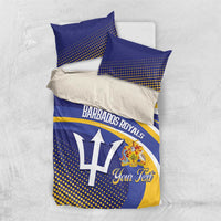 Blue and yellow cricket bedding set with two pillowcases, crest and “Your Text” graphic