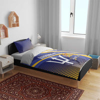 Blue and yellow cricket duvet bedding set with two pillowcases on a bed, team logo and “Your Text”