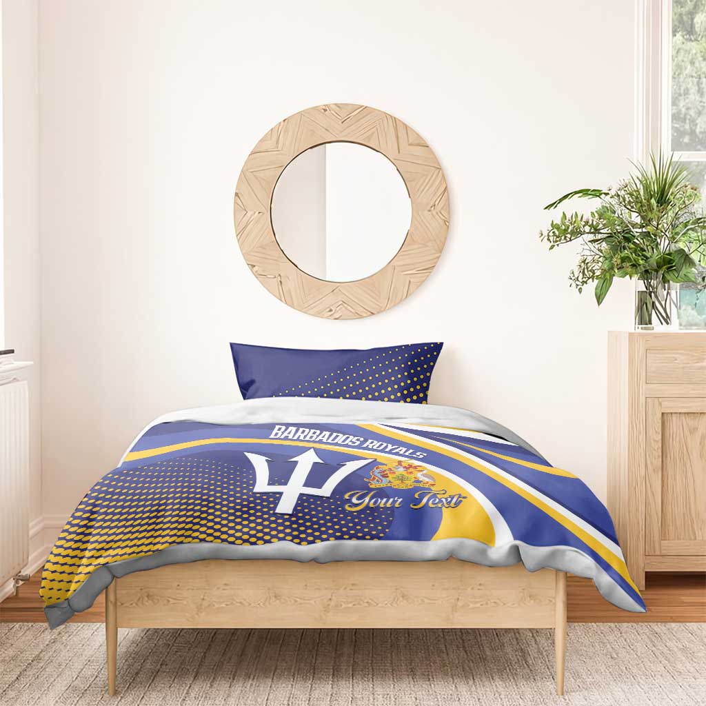 Blue and yellow cricket bedding set with two pillowcases, “Barbados Royals” emblem and “Your Text”
