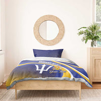 Blue and yellow cricket bedding set with two pillowcases, “Barbados Royals” emblem and “Your Text”