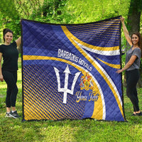 Blue and yellow Barbados Royals quilt with trident emblem and “Your Text” detail.