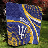Blue and yellow Barbados Royals cricket quilt with trident logo and quilted diamond pattern.